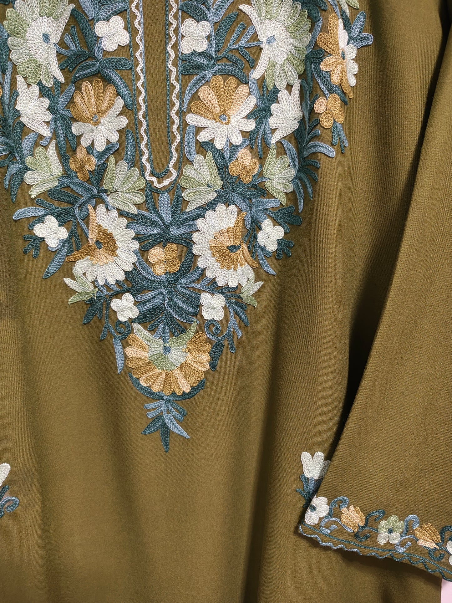 Kashmiri Embroidered Rayon Cotton Kurti - Olive Green