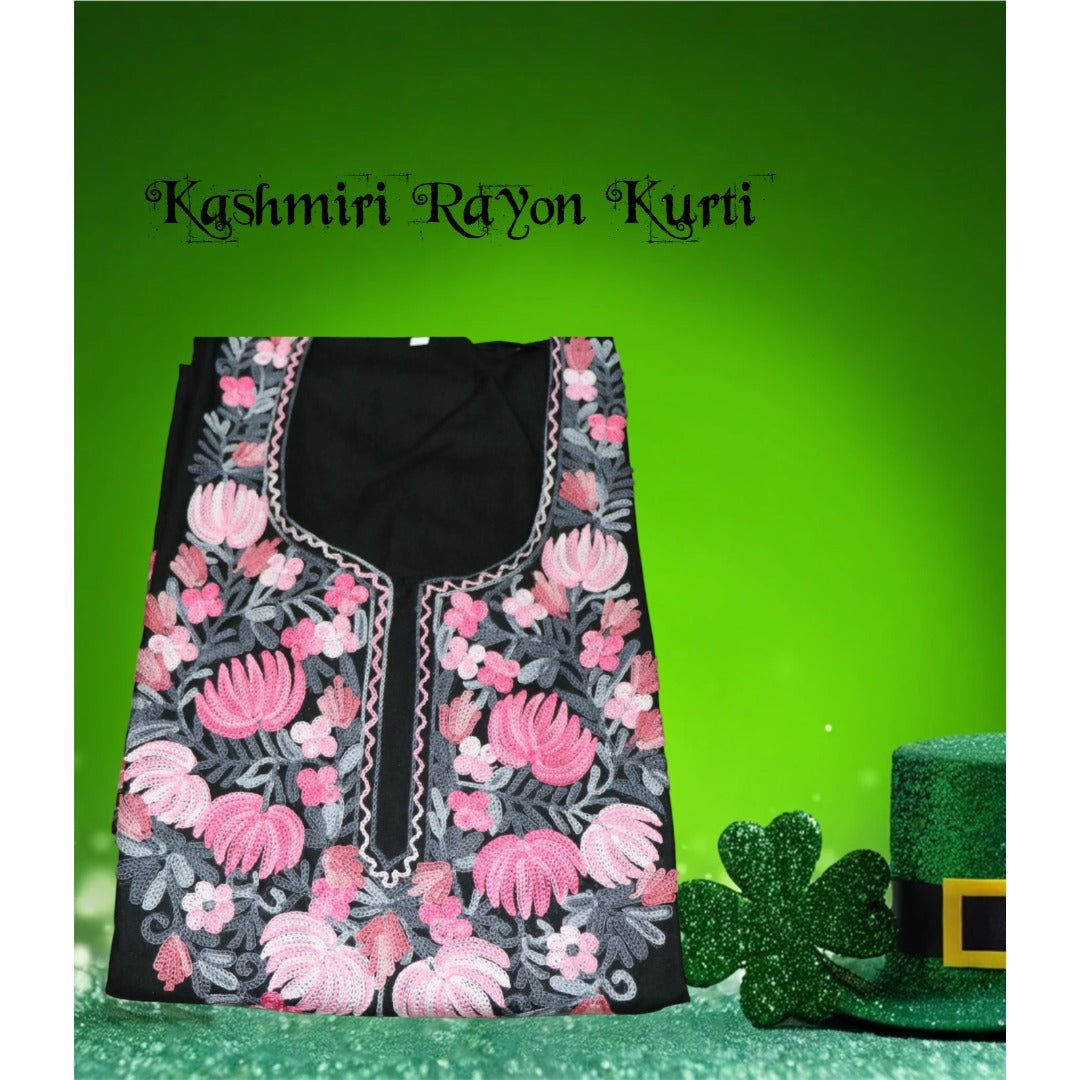 Kashmiri Embroidered Rayon Cotton Kurti - Black