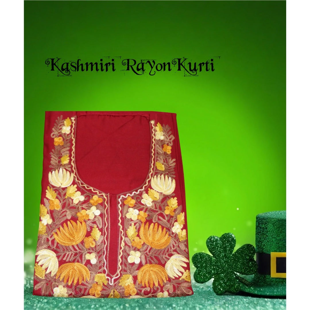 Kashmiri Embroidered Rayon Cotton Kurti - Red