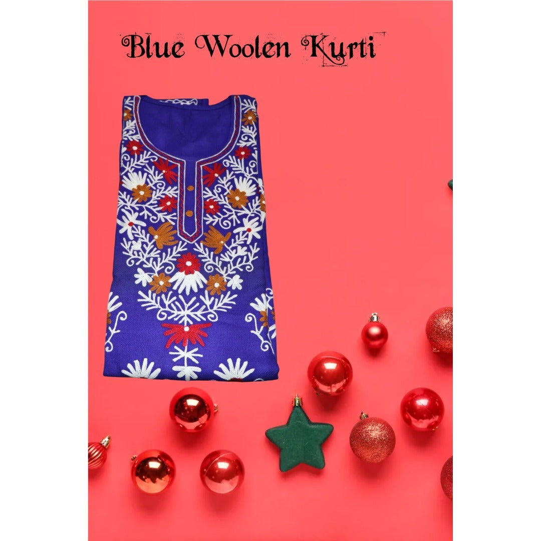 Kashmiri Embroidered Long Woolen Kurti - Navy Blue