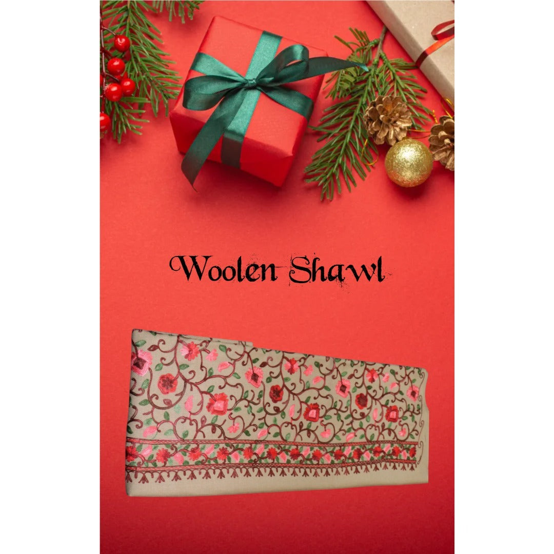 Kashmiri Embroidered Woolen Shawl - Floral Beige