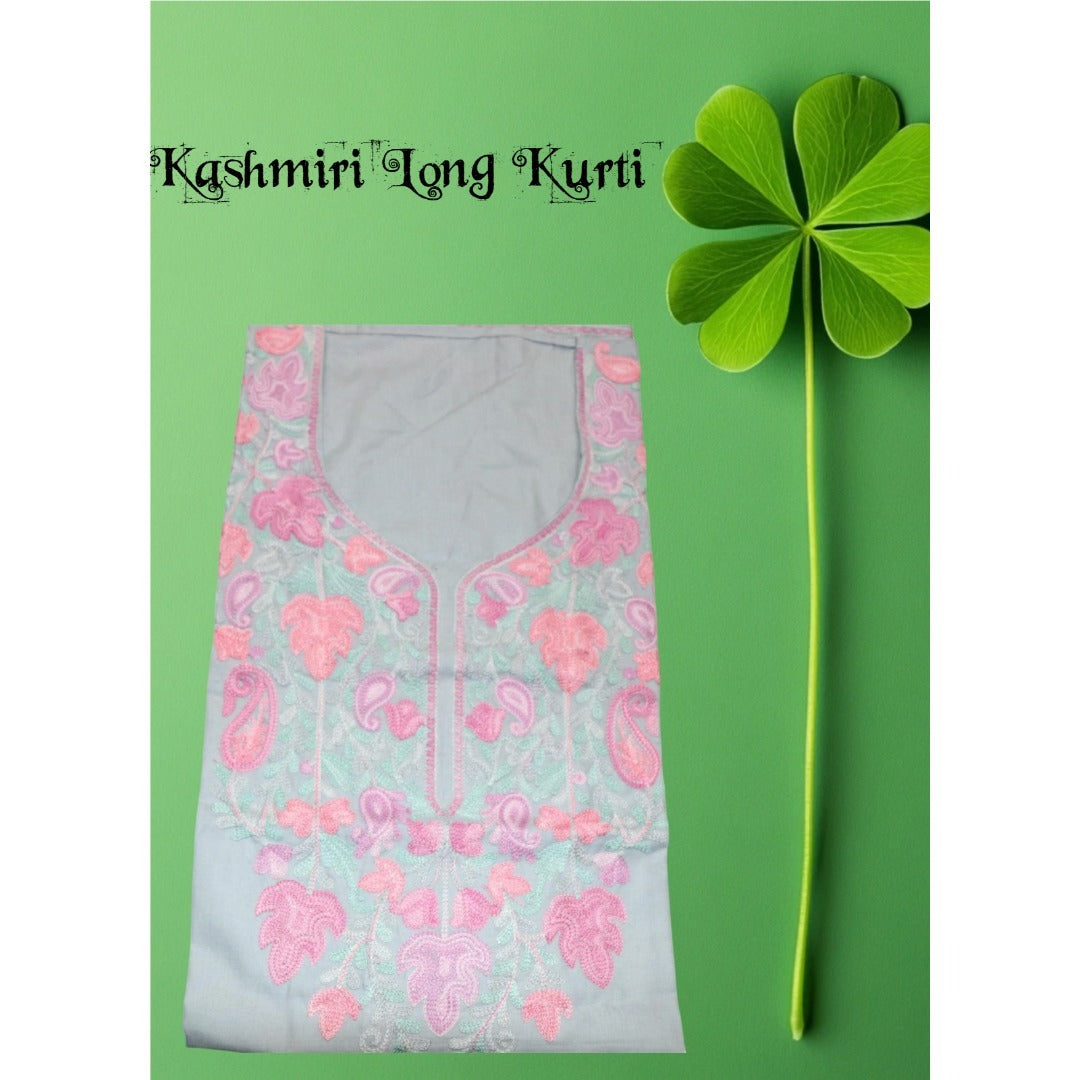 Kashmiri Embroidered Cotton Kurti - Gray