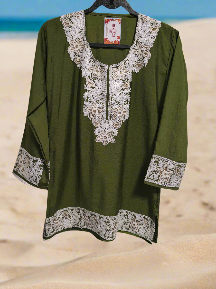 Kashmiri Embroidered Rayon Silk Kurti - Olive Green