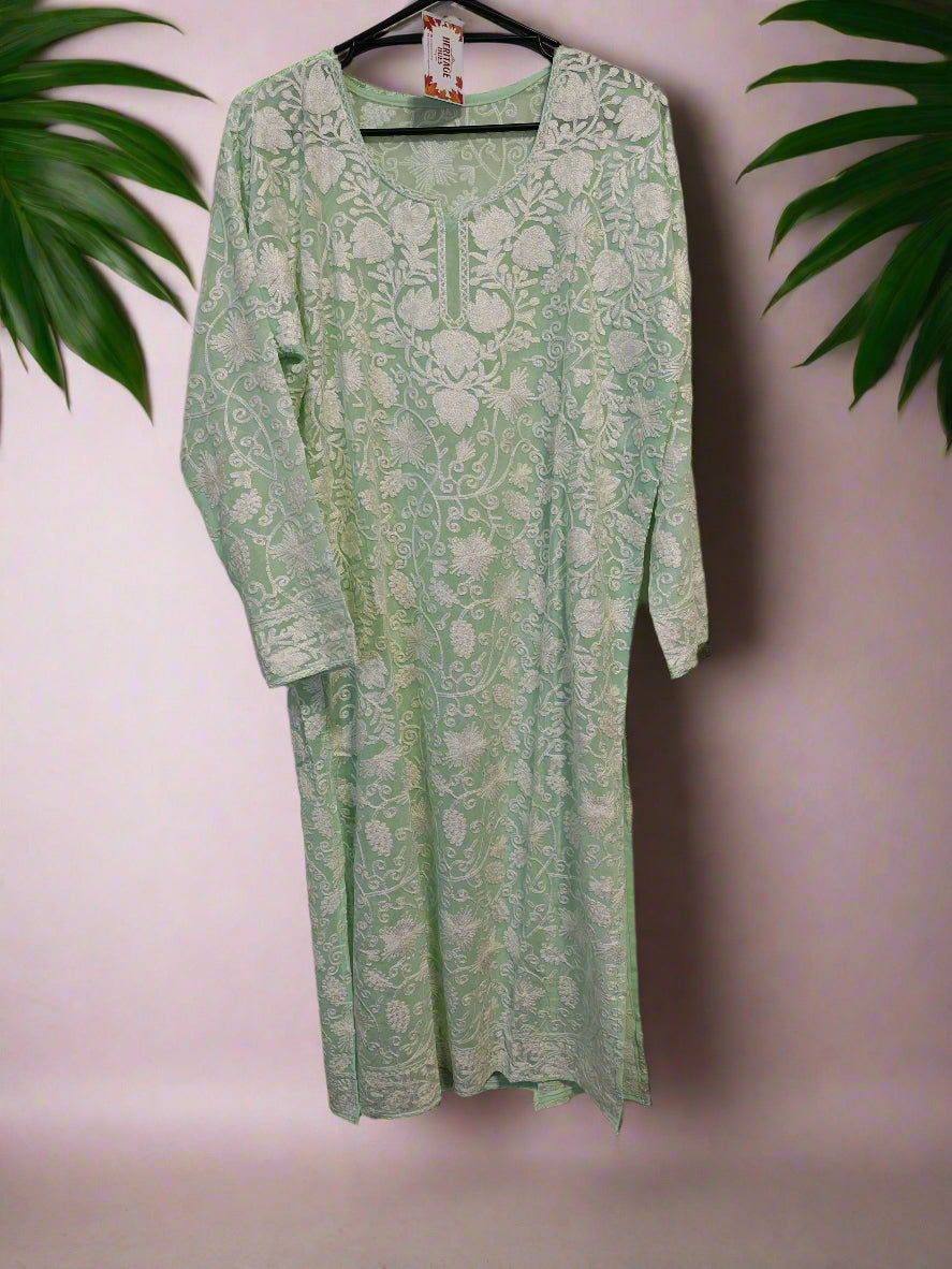 Traditional Handcrafted Georgette Long Kurti - Pastel Lime