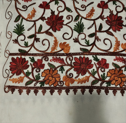 Kashmiri Embroidered Woolen Stole - Floral White