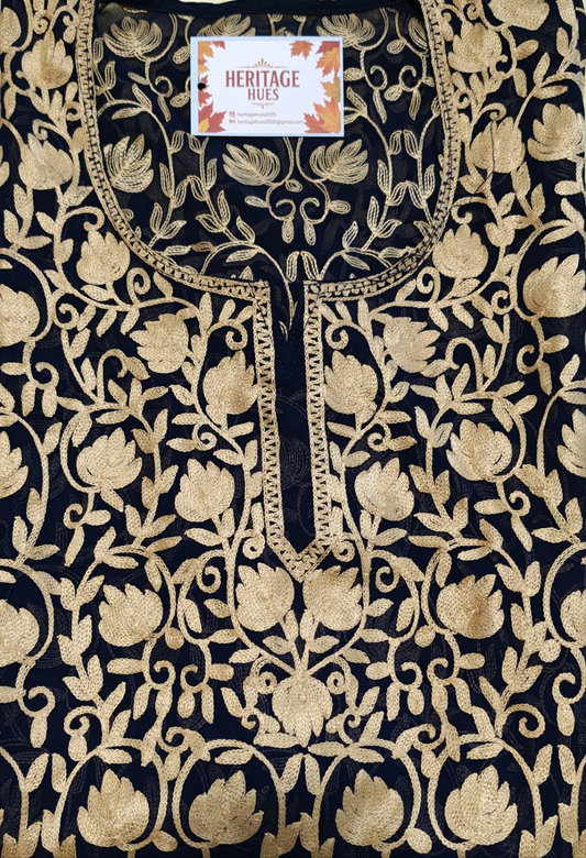 Traditional Handcrafted Georgette Long Kurti - Floral Navy