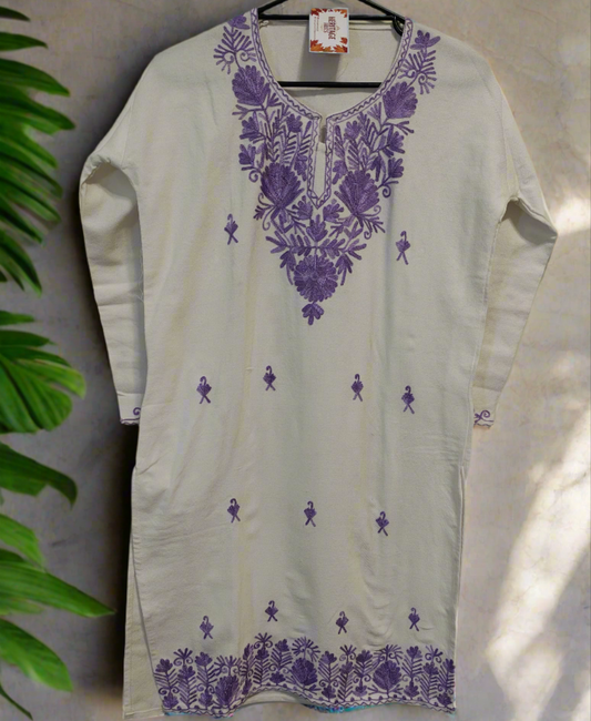 Kashmiri Embroidered Long Woolen Kurti - White