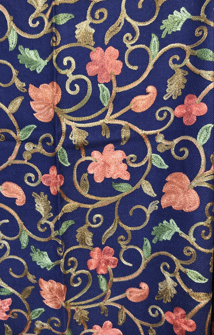 Kashmiri Woollen Stole Full Embroidered Work - Floral Navy