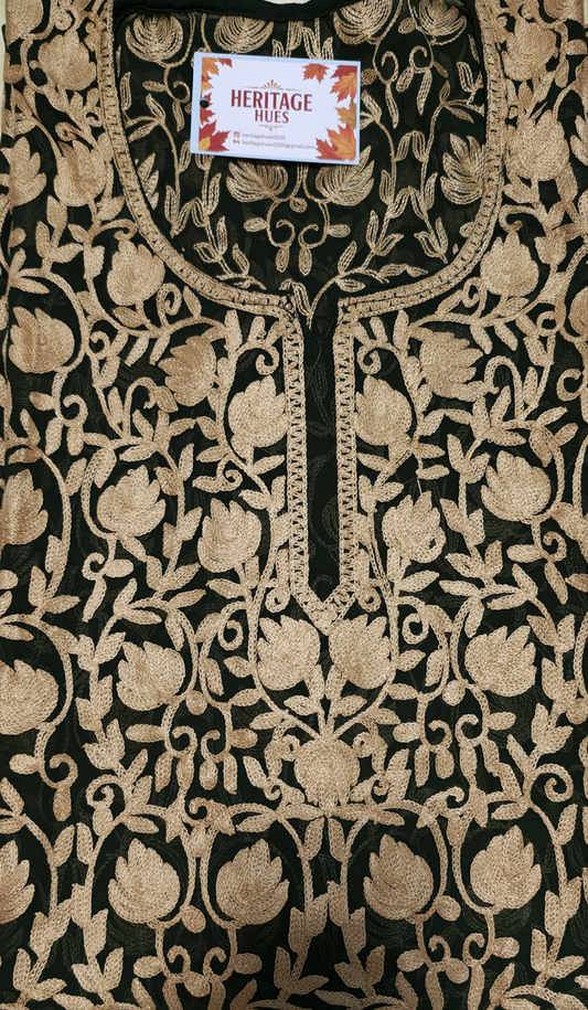 Traditional Handcrafted Georgette Long Kurti - Floral Green