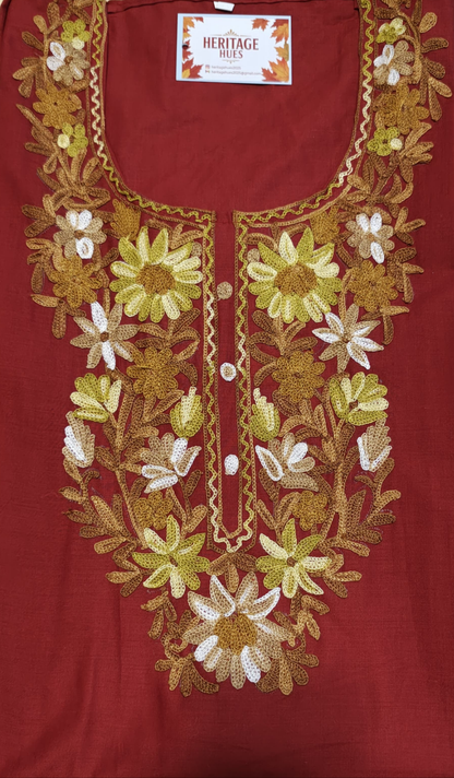 Kashmiri Embroidered Long Cotton Kurti - Multi Coloured