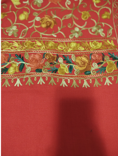 Kashmiri Embroidered Woolen Stole - Floral Red