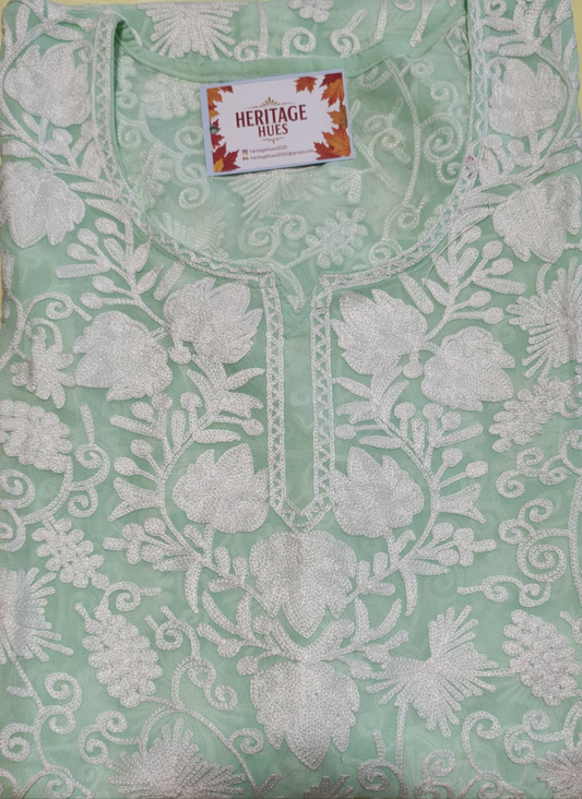 Traditional Handcrafted Georgette Long Kurti - Pastel Lime
