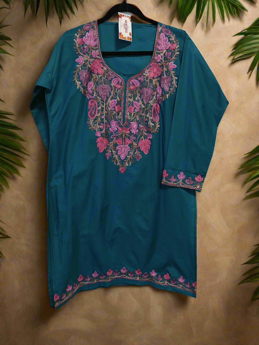 Kashmiri Embroidered Long Cotton Kurti - Multi Coloured