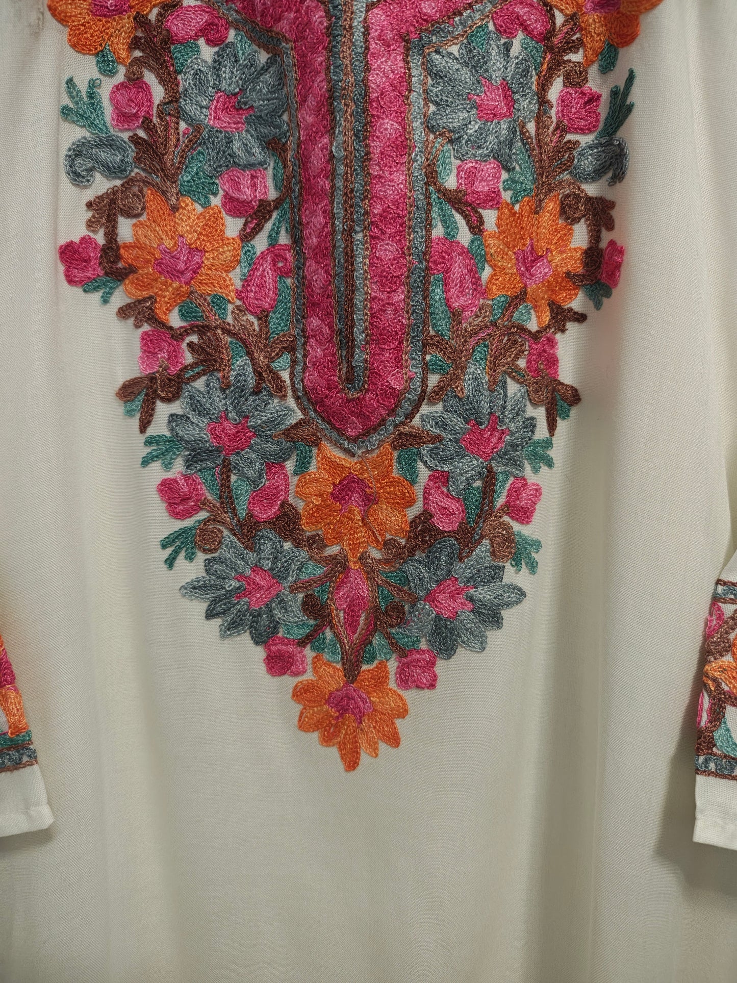 Kashmiri Embroidered Rayon Silk Kurti - Multi Coloured