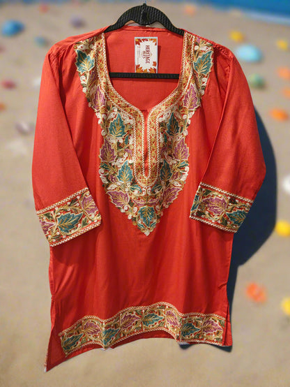 Kashmiri Embroidered Rayon Silk Kurti - Red