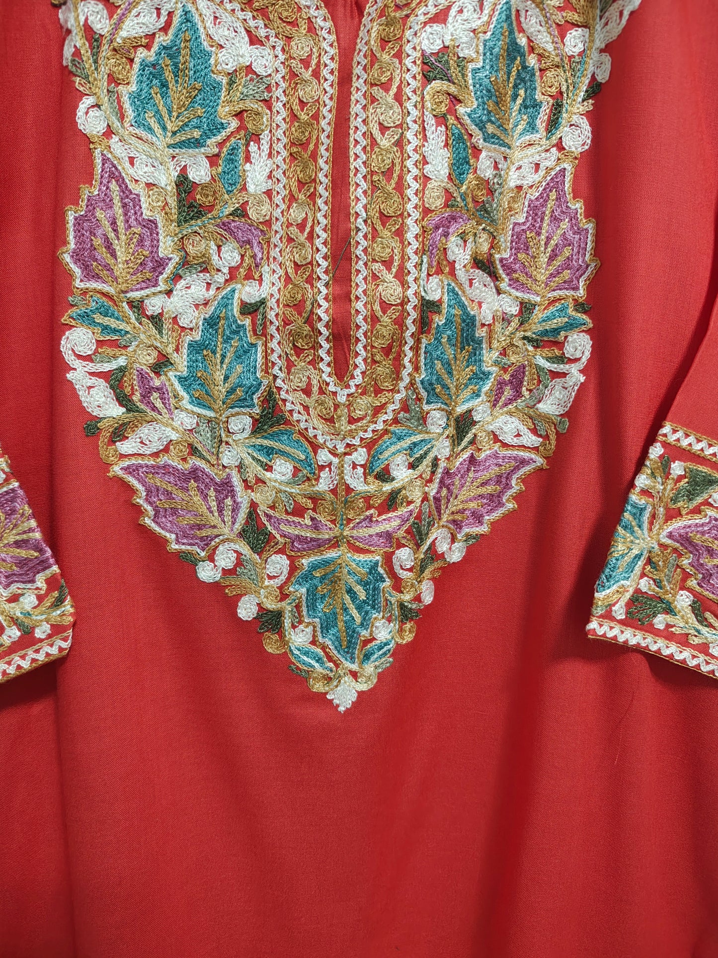 Kashmiri Embroidered Rayon Silk Kurti - Red