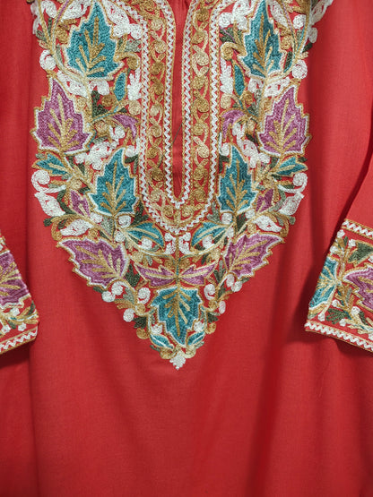 Kashmiri Embroidered Rayon Silk Kurti - Red