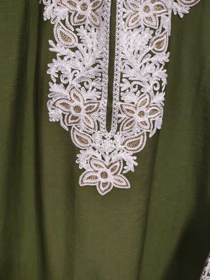 Kashmiri Embroidered Rayon Silk Kurti - Olive Green