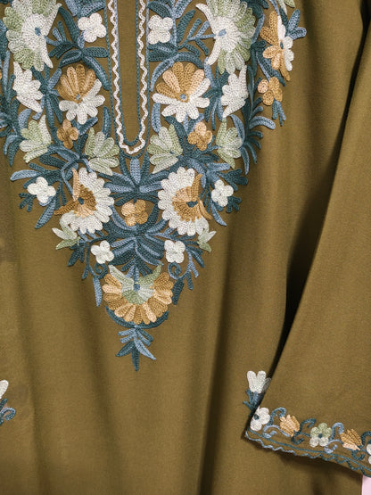 Kashmiri Embroidered Rayon Cotton Kurti - Olive Green