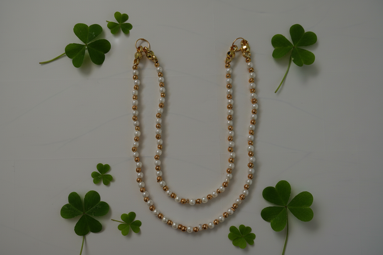 Pearl necklace with gold clasp on a white background with clover leaves