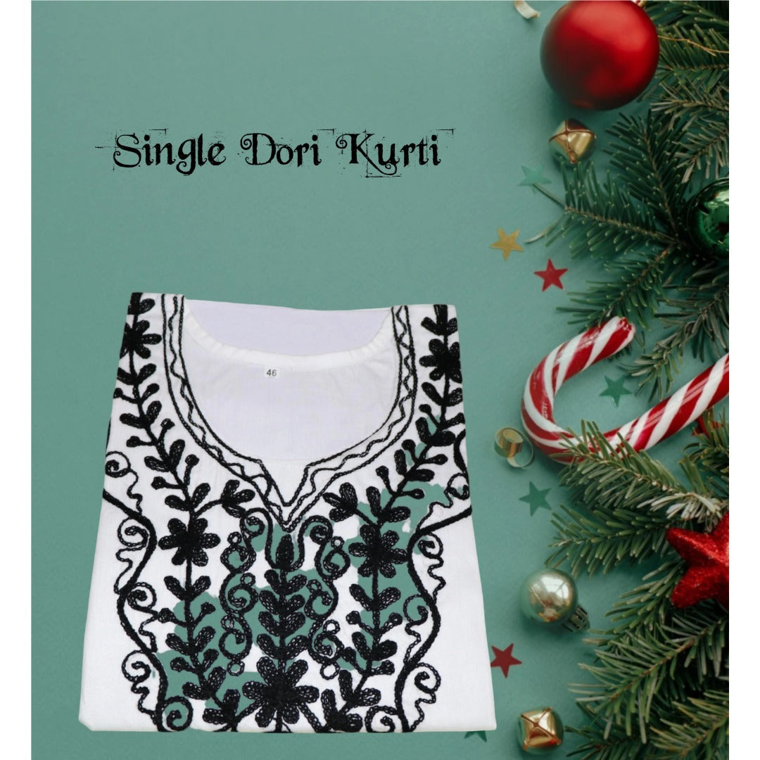 Kashmiri Embroidered Cotton Dori Kurti - Black and White