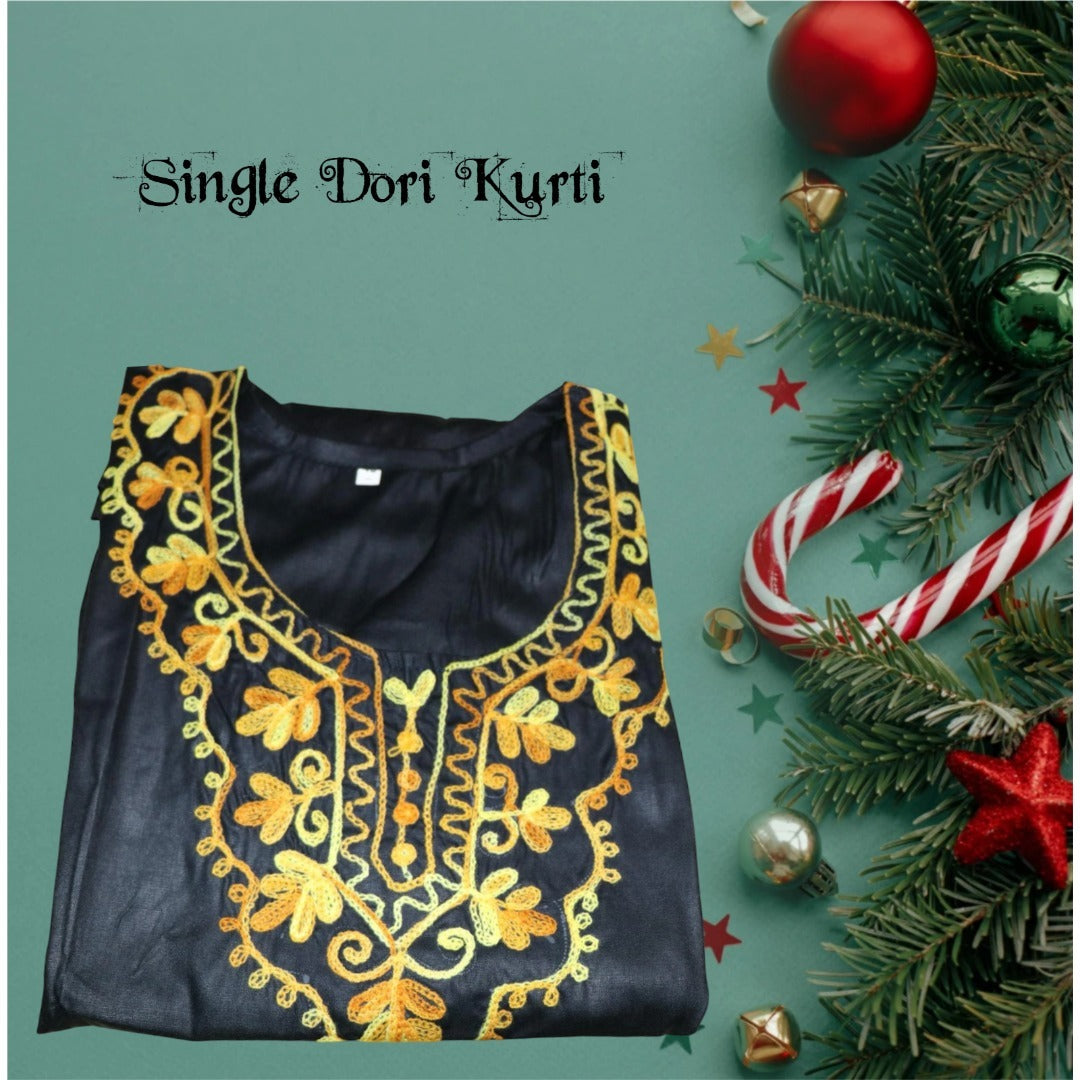 Kashmiri Embroidered Cotton Dori Kurti - Black and White