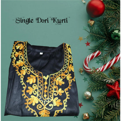 Kashmiri Embroidered Cotton Dori Kurti - Black and White