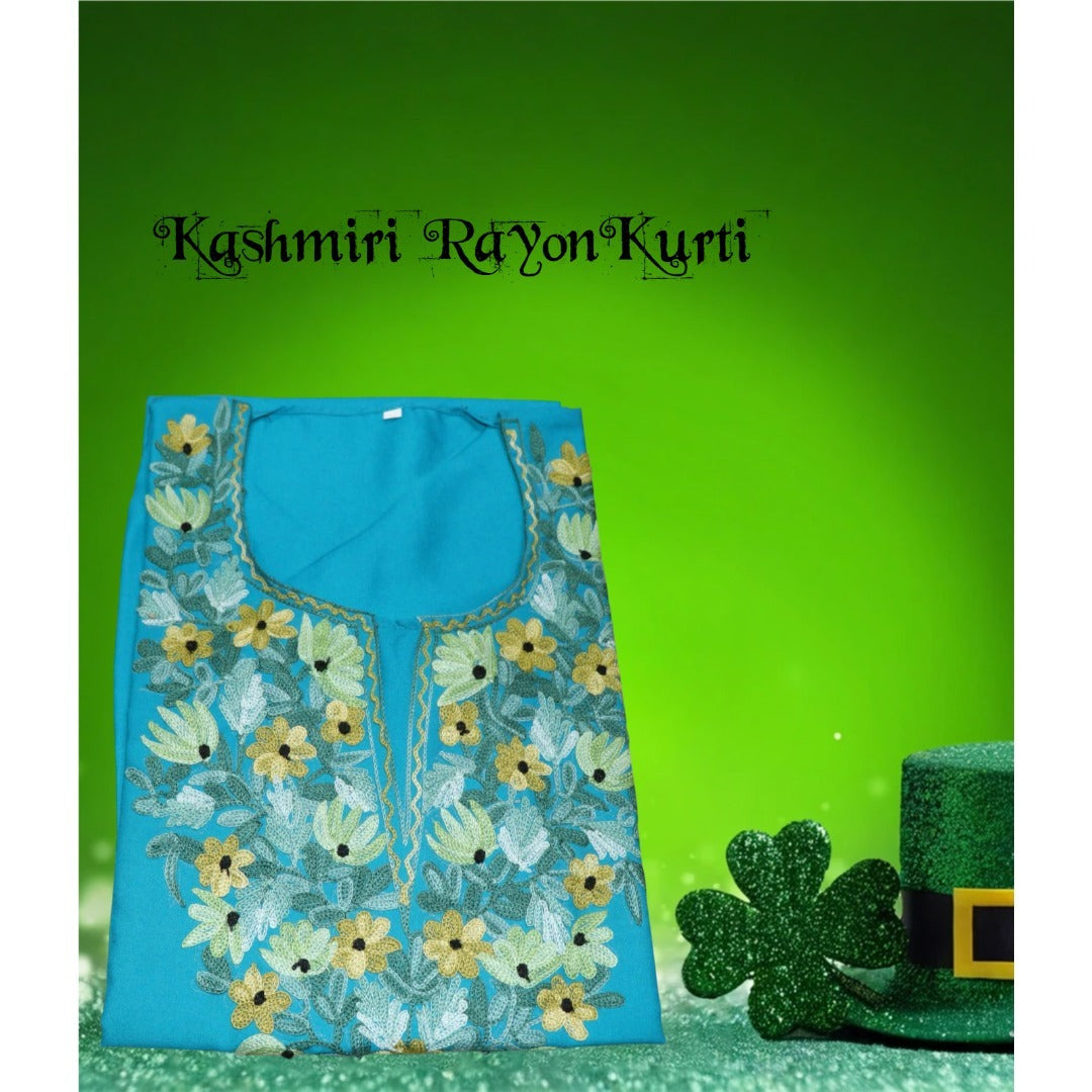 Kashmiri Embroidered Rayon Cotton Kurti - Multi Coloured