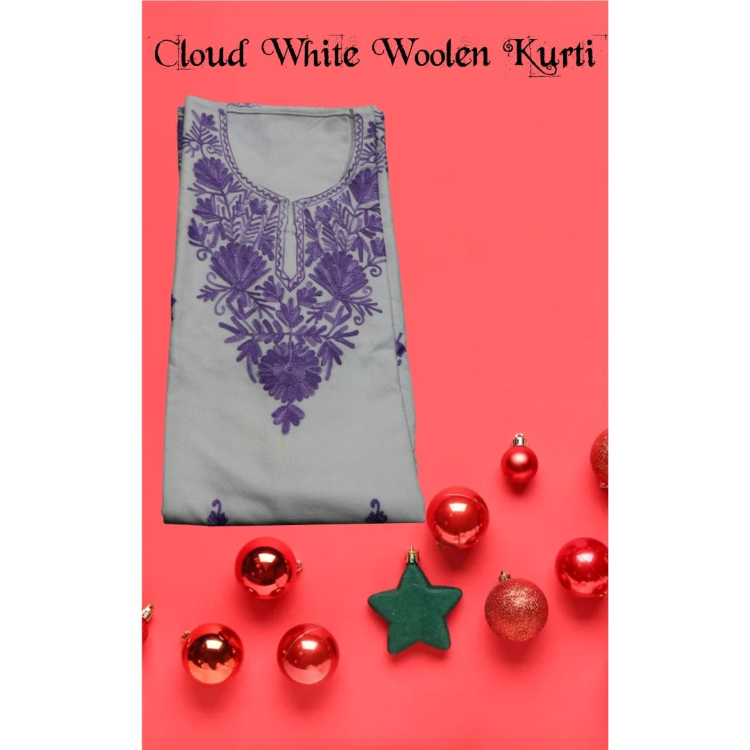 Kashmiri Embroidered Long Woolen Kurti - White