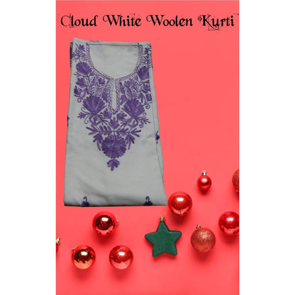 Kashmiri Embroidered Long Woolen Kurti - White