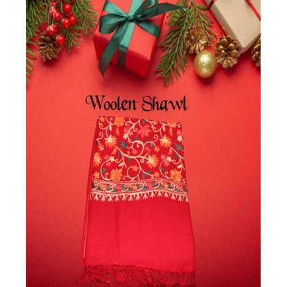 Kashmiri Embroidered Woolen Shawl - Floral Red
