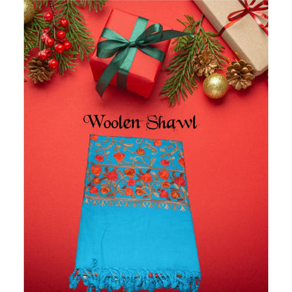Kashmiri Embroidered Woolen Shawl - Floral Blue