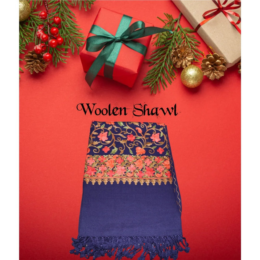Kashmiri Embroidered Woolen Shawl - Floral Blue
