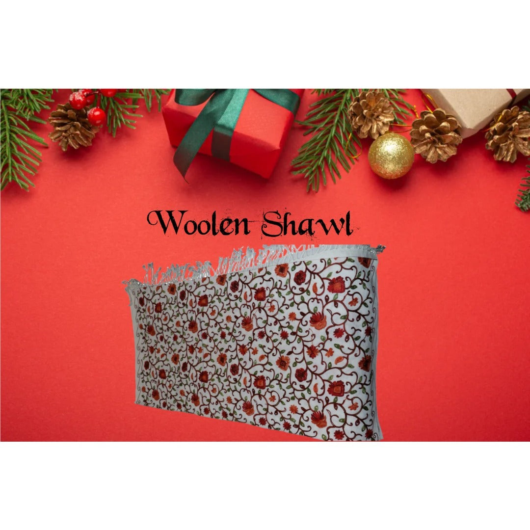 Kashmiri Embroidered Woolen Shawl - Floral White