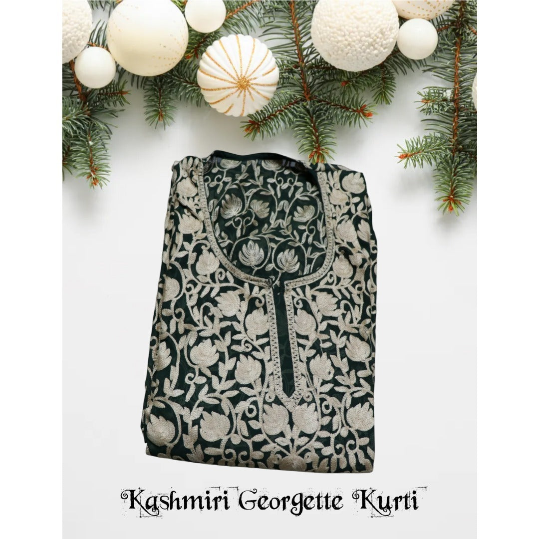 Traditional Handcrafted Georgette Long Kurti - Kashmiri Embroidered