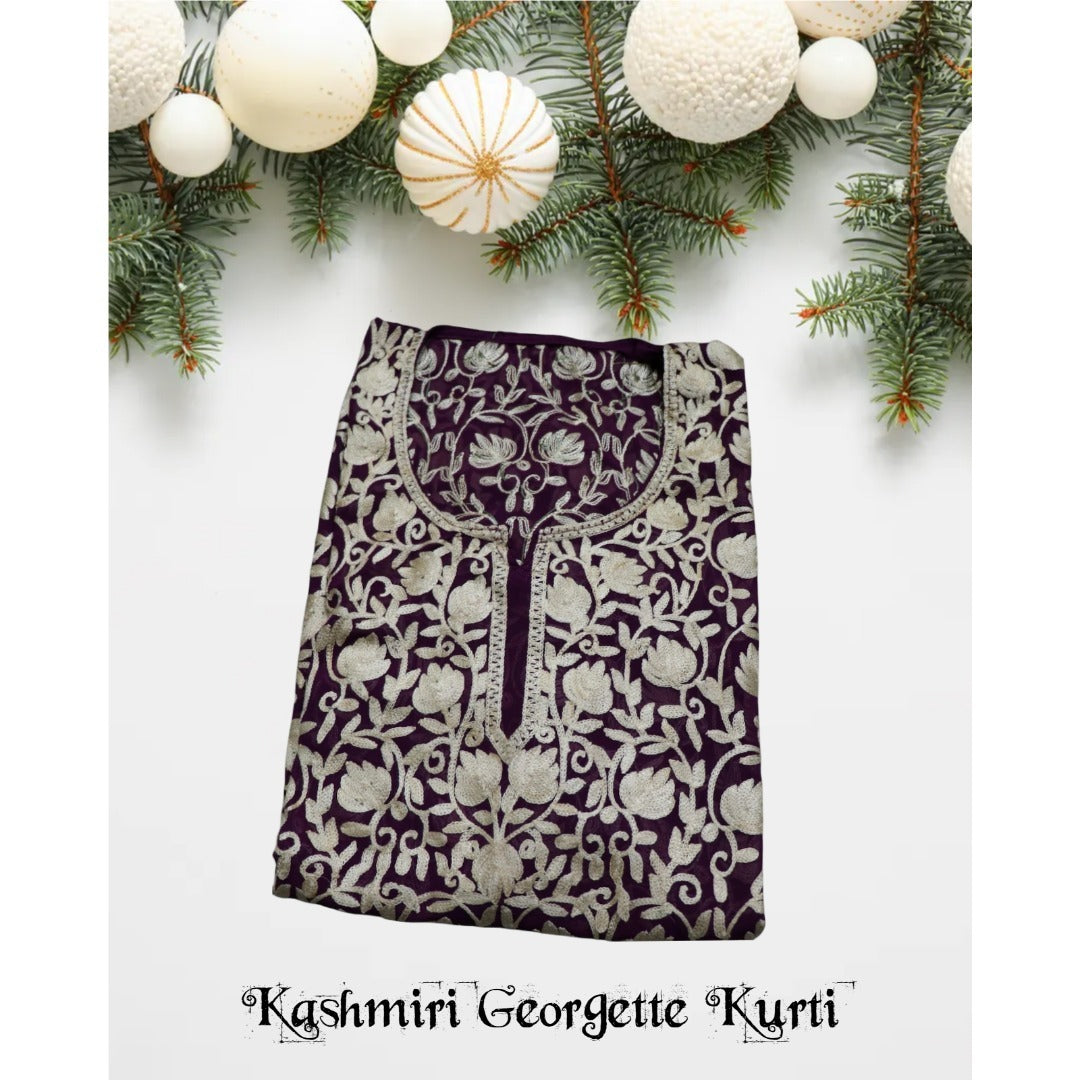 Traditional Handcrafted Georgette Long Kurti - Kashmiri Embroidered