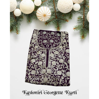 Traditional Handcrafted Georgette Long Kurti - Kashmiri Embroidered