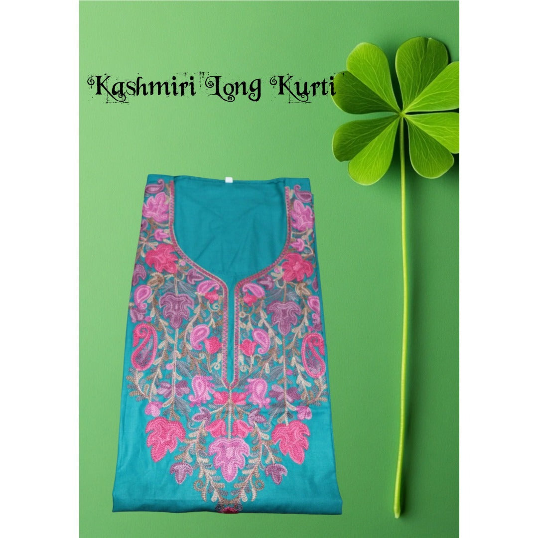 Kashmiri Embroidered Long Cotton Kurti - Multi Coloured