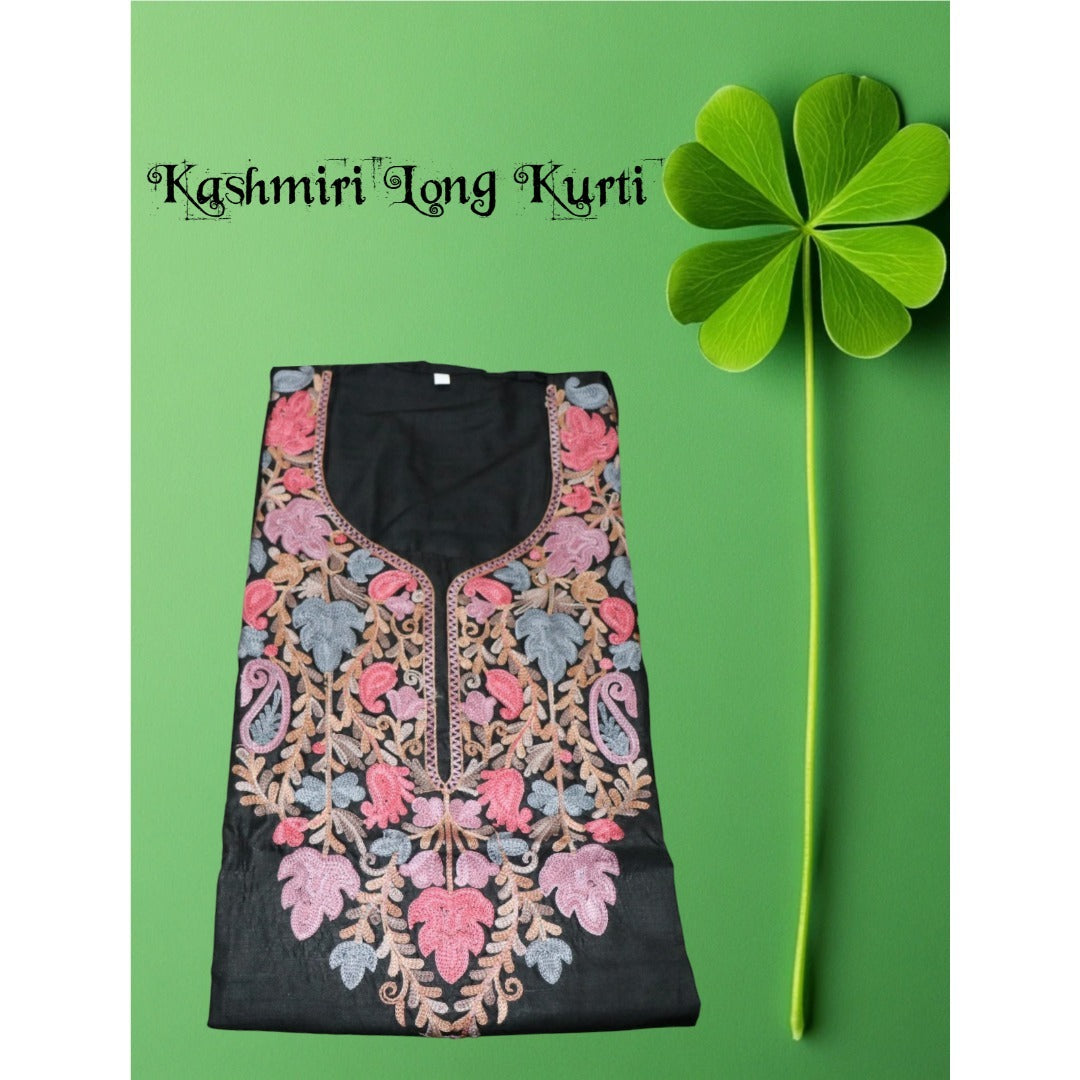 Kashmiri Embroidered Long Cotton Kurti - Multi Coloured