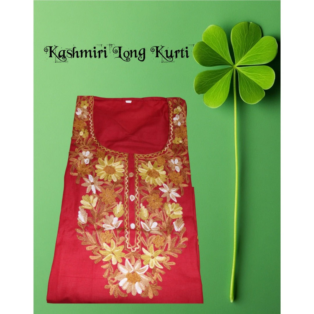 Kashmiri Embroidered Long Cotton Kurti - Multi Coloured