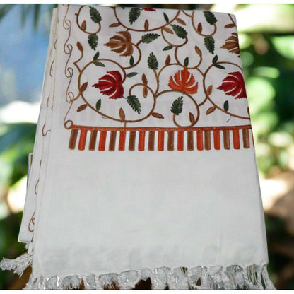 Kashmiri Embroidered Woolen Stole - Floral White