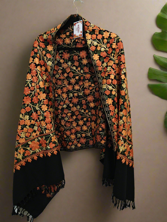Kashmiri Woollen Stole Full Embroidered Work - Floral Black