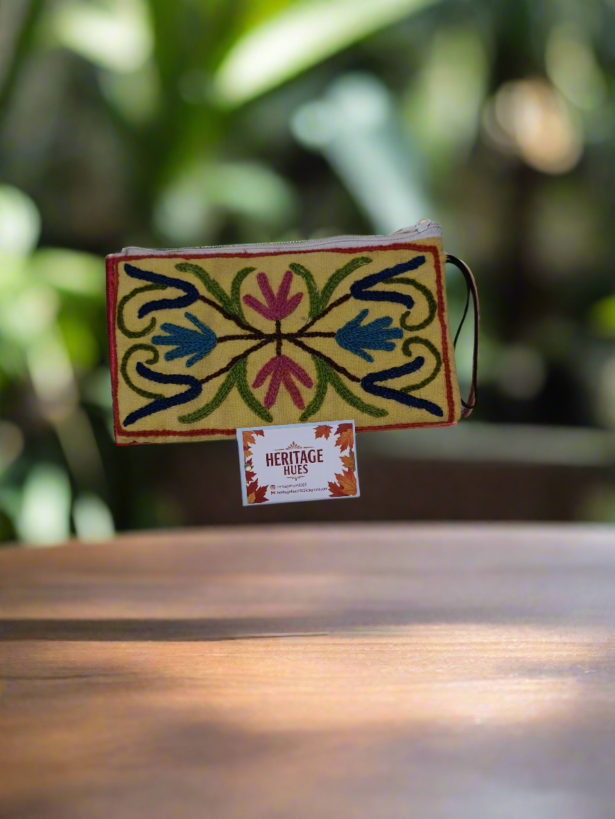 Handmade Embroidered Zip Pouches - Floral Yellow