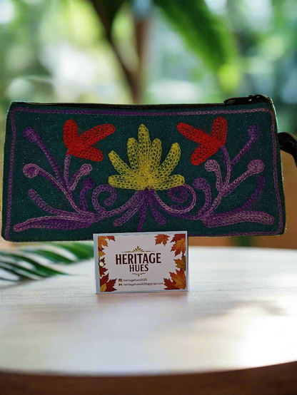 Handmade Embroidered Zip Pouches - Floral Green