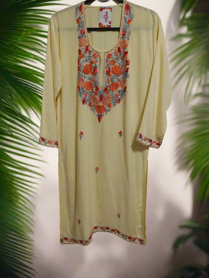 Kashmiri Embroidered Rayon Cotton Kurti - Multi Coloured