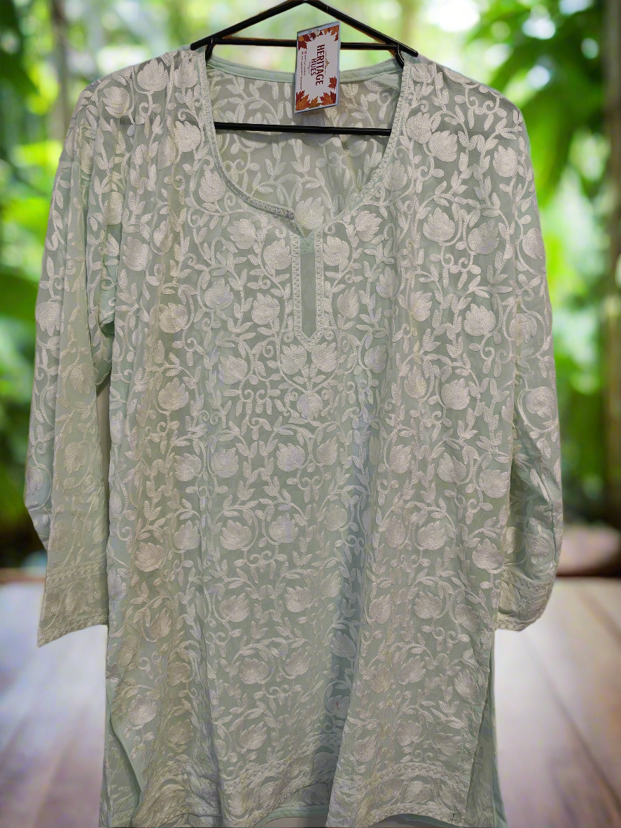 Traditional Handcrafted Georgette Short Kurti - Kashmiri Embroidered