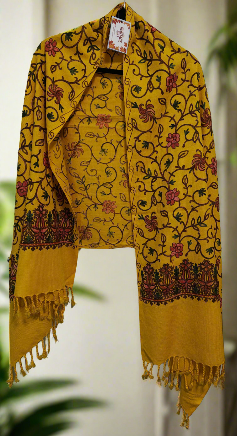 Kashmiri Embroidered Woolen Stole - Floral Amber