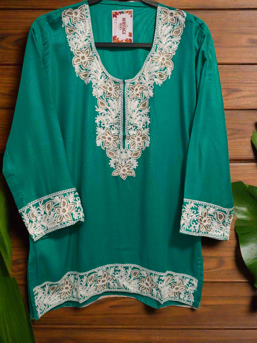 Kashmiri Embroidered Rayon Silk Kurti - Multi Coloured