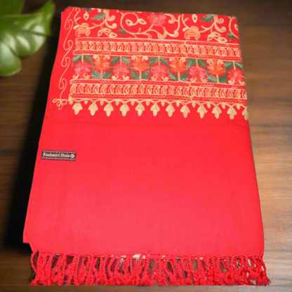 Kashmiri Embroidered Woolen Stole - Floral Red