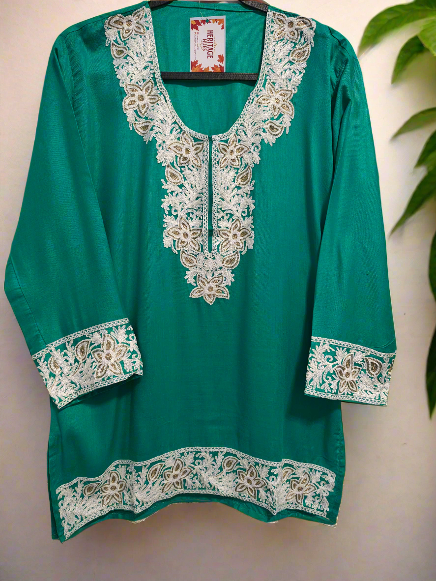 Kashmiri Embroidered Rayon Silk Kurti - Turquoise